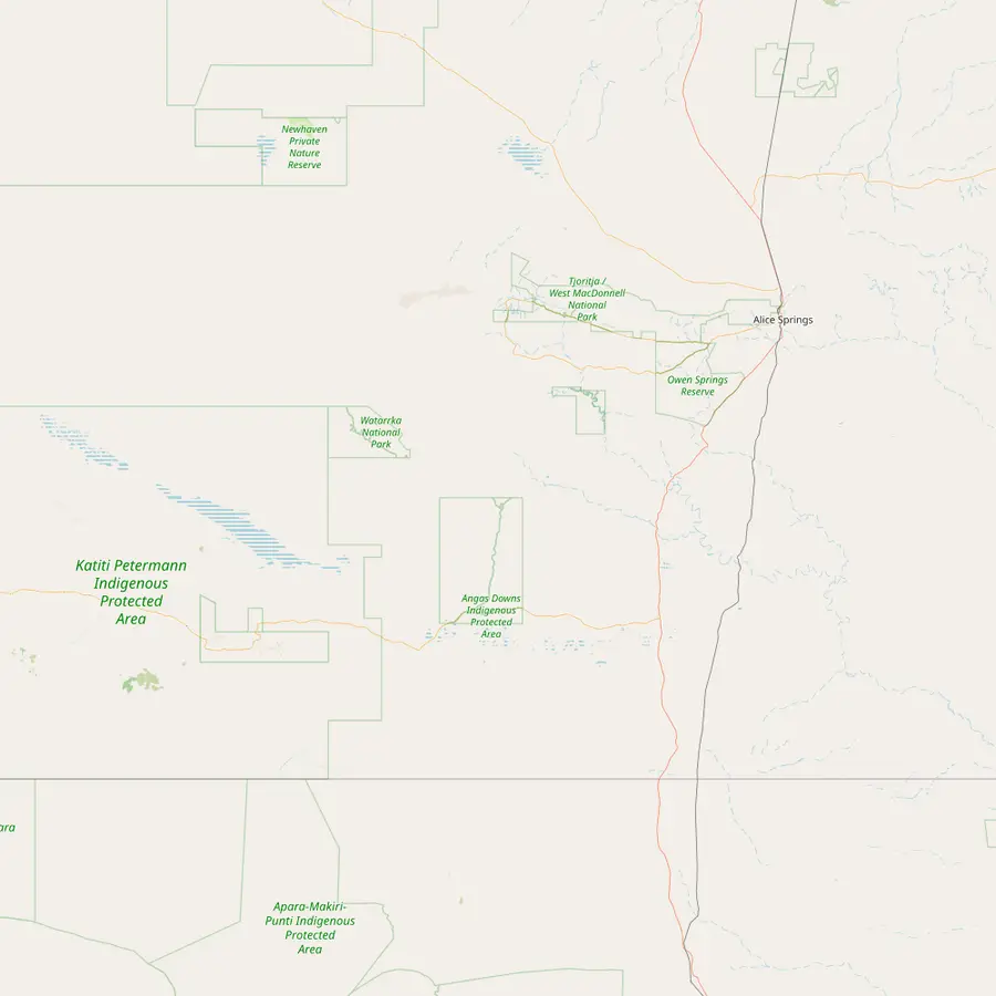 Map of the Red Centre from Alice Springs south-west past Erldunda Roadhouse, Mount Conner and Curtin Springs to Yulara, Uluru and Kata Tjuta