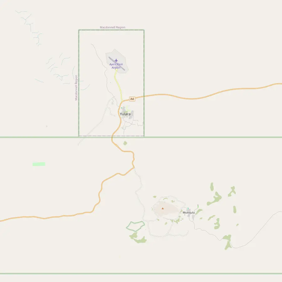 Map from Ayers Rock Airport south past Yulara to the car and bus sunset viewing areas west of Uluru, with the Cultural Centre and Mutitjulu Waterhole